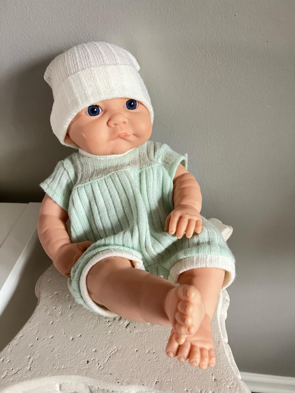 Baby Doll in Mint Knit Outfit and White Hat